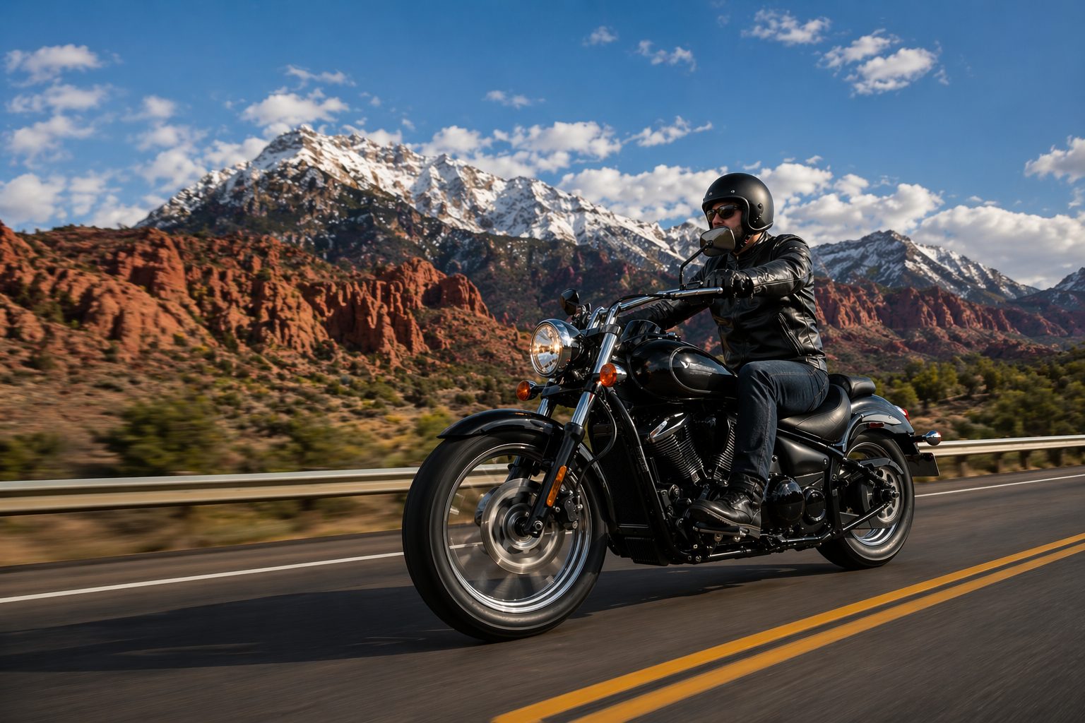 Rider on a black cruiser motorcycle on a Utah highway with red rock mountains